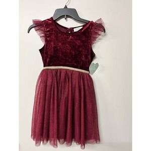 Formal Dress Girls 7 Burgand & Gold Shiny Velvet & Tulle Flower Girl Party Dress